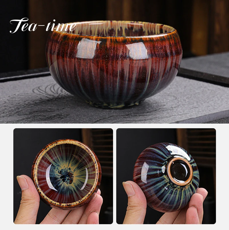 1PCS Ceramic Tea Cup Kiln Change China Temmoku Glaze Porcelain Kung Fu Cups Pottery Drinkware Tableware Water Mug Gift Wholesale