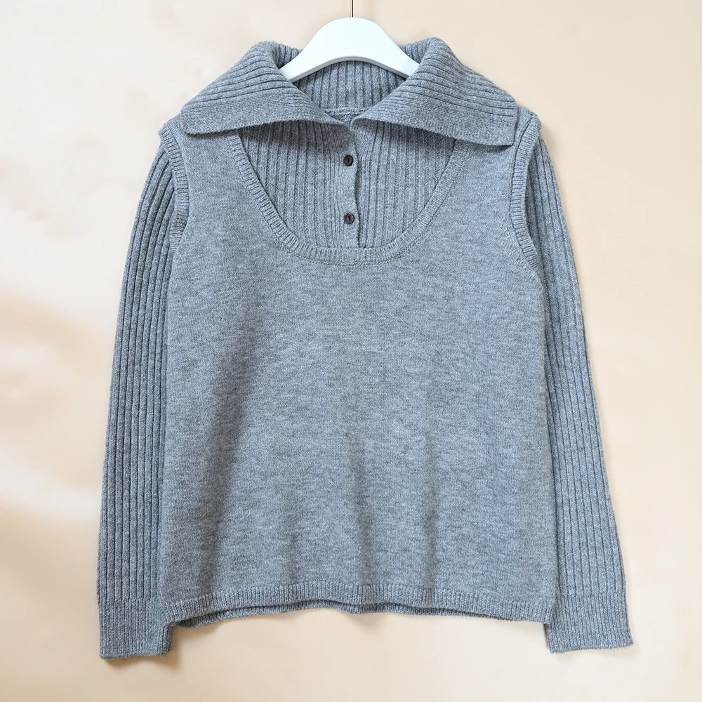 Spring New Women's Long Sve Crew Ne Pullover Knitwear Button Design Splice Warmth Thermal Commute Sle Loose Fit Knitwear