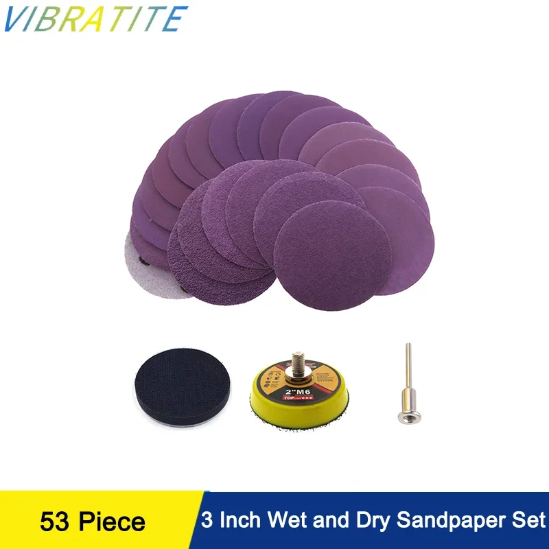 2 Inch Wet and Dry Sandpaper Set 53 Pcs with Sanding Pad Assorted 800/1200/2000/3000/5000 Grit for Polishing Metal Wood Car