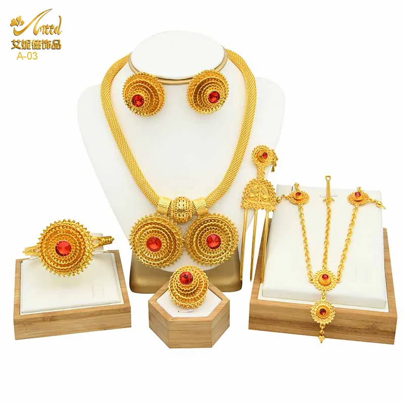 ANIID Ethiopian Gold Plated 6PCS Jewelry Set For Women Indian Red Crystal Habesha Luxury Jewellery Sets Wedding Party Gifts