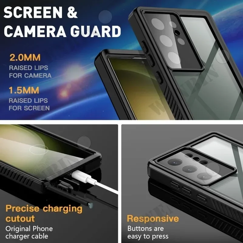 Luxury IP68 Waterproof Case For Samsung S24 Ultra Plus S21 S23 FE A54 A34 A24 A14 Full Body Rugged Transparent Underwater Cover