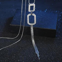 Women Crystal Long Necklace Fashion Square Choker Necklaces Pendants Female Black Chain Tassel Jewelry Collier Femme