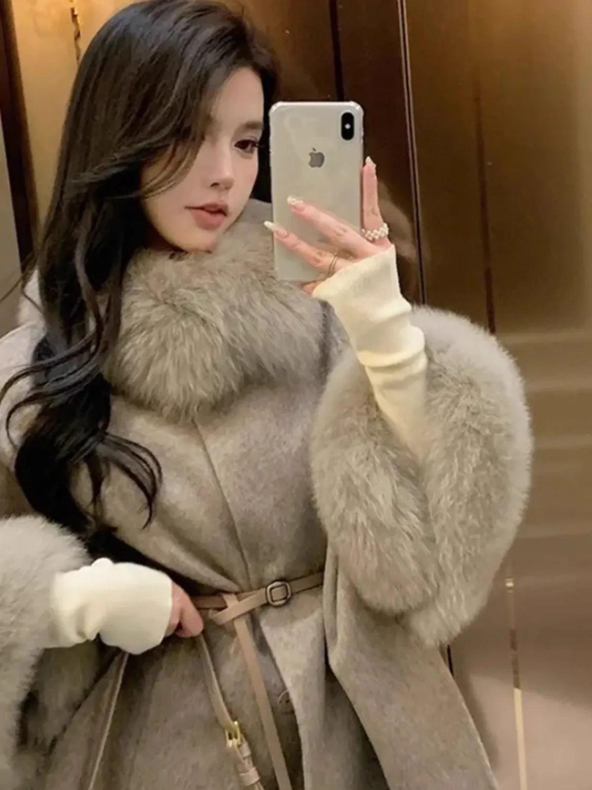 

2025 New ey Woolen Coat Women's Autumn Winter Thiened Medium Length Commute Sle Korean Version with Belt And kets