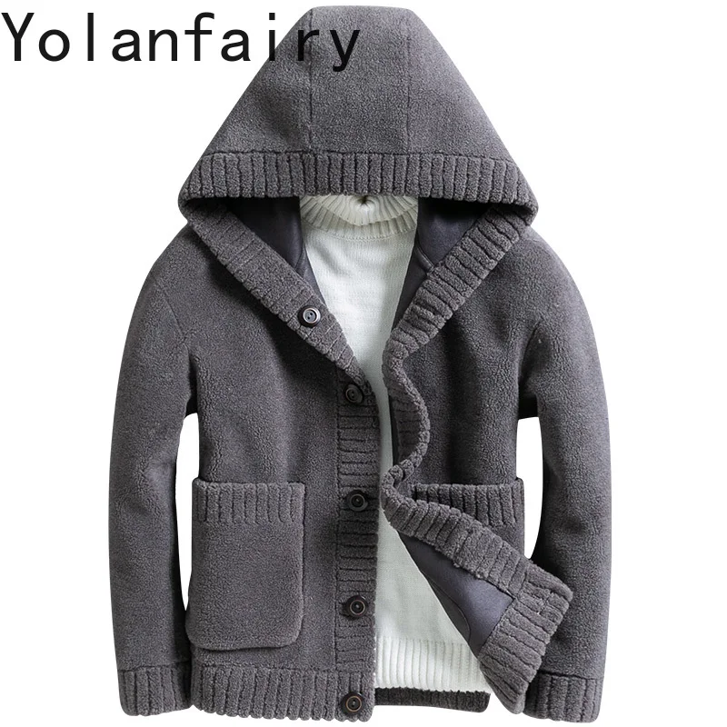 YOLANFAIRY Natural Wool Jacket Men Fashion Autumn Winter Short Hooded Coat Double-side Wear Jackets New Casaco De Pele Masculino