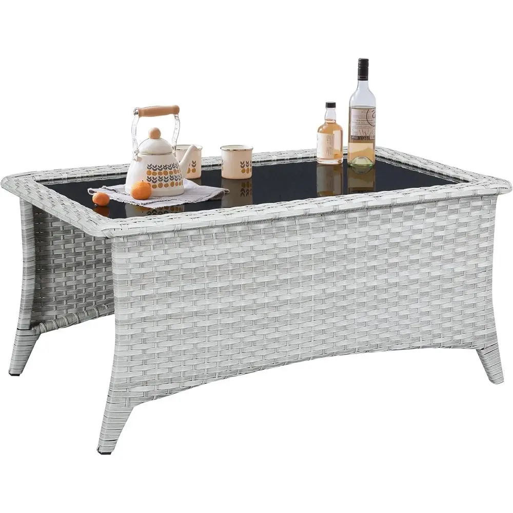 Outdoor Coee Table with Tempered Glass Top, Patio Recular Light Grey Wicker Table, Handwoven Rattan Coee Table Compatible with P