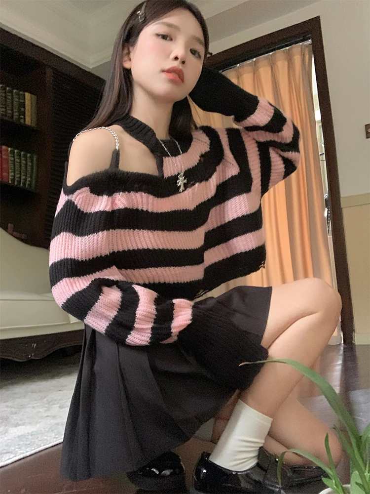 

Loose Gothic Striped Hollow Out Knitted Pullover Tops Y2k Sweater Women Long Sleeve Autumn Spring Ladies Jumper Korean