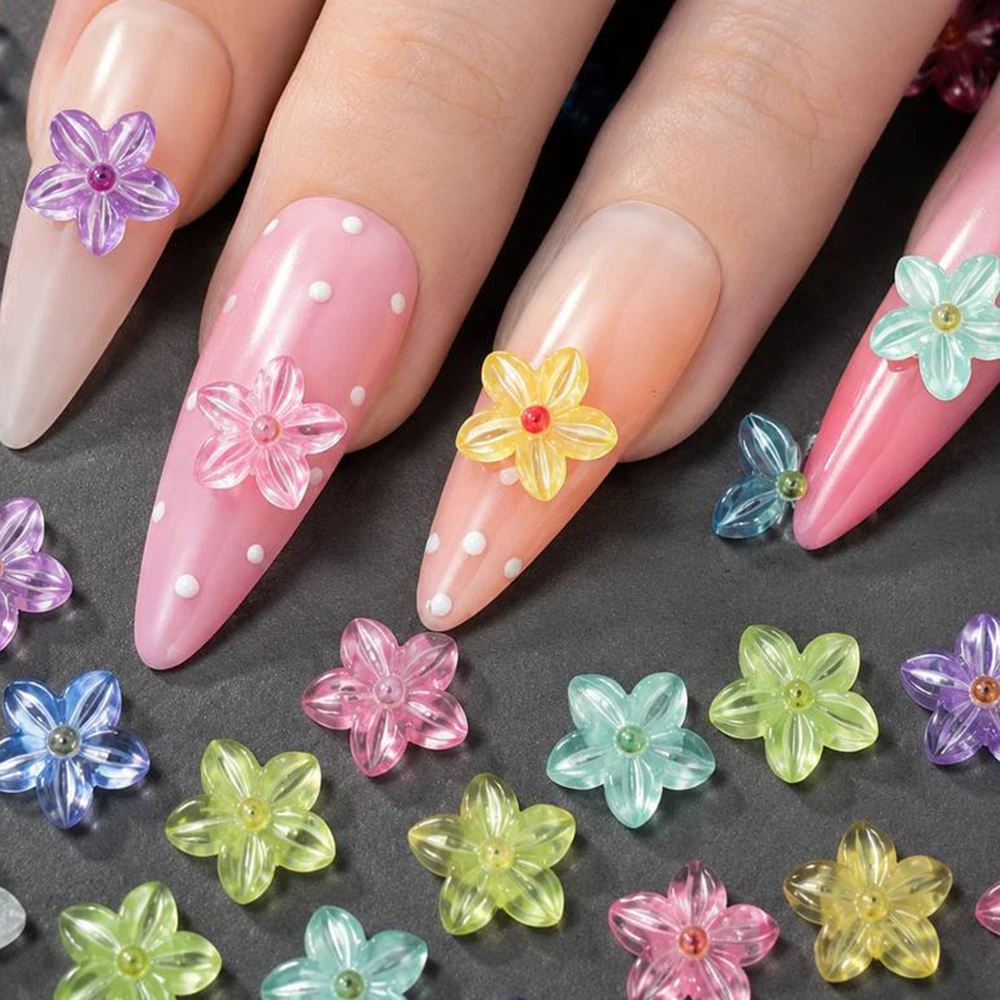 Glossy Iridescent Resin 3D Five-Petal Flower Nail Charms 50Pcs Multicolor Floral Nail Decor Salon DIY Nail Parts