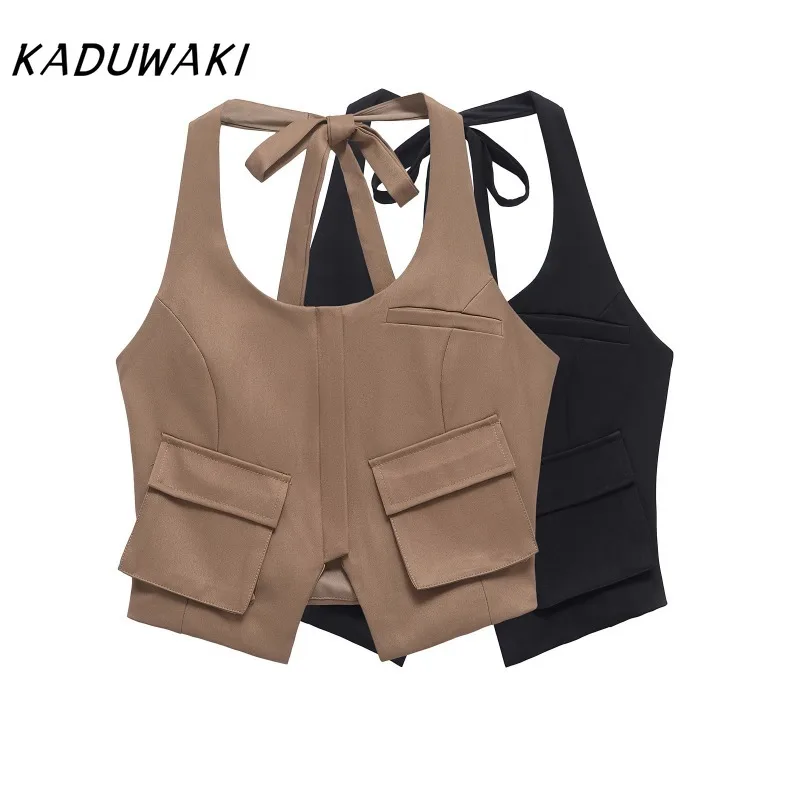 

KADUWAKI Retro Y2K Asymmetric Tank Top Pockets for Women Casual Front Zipper Bow Tied Halterneck Backless Female Camis Sexy Vest
