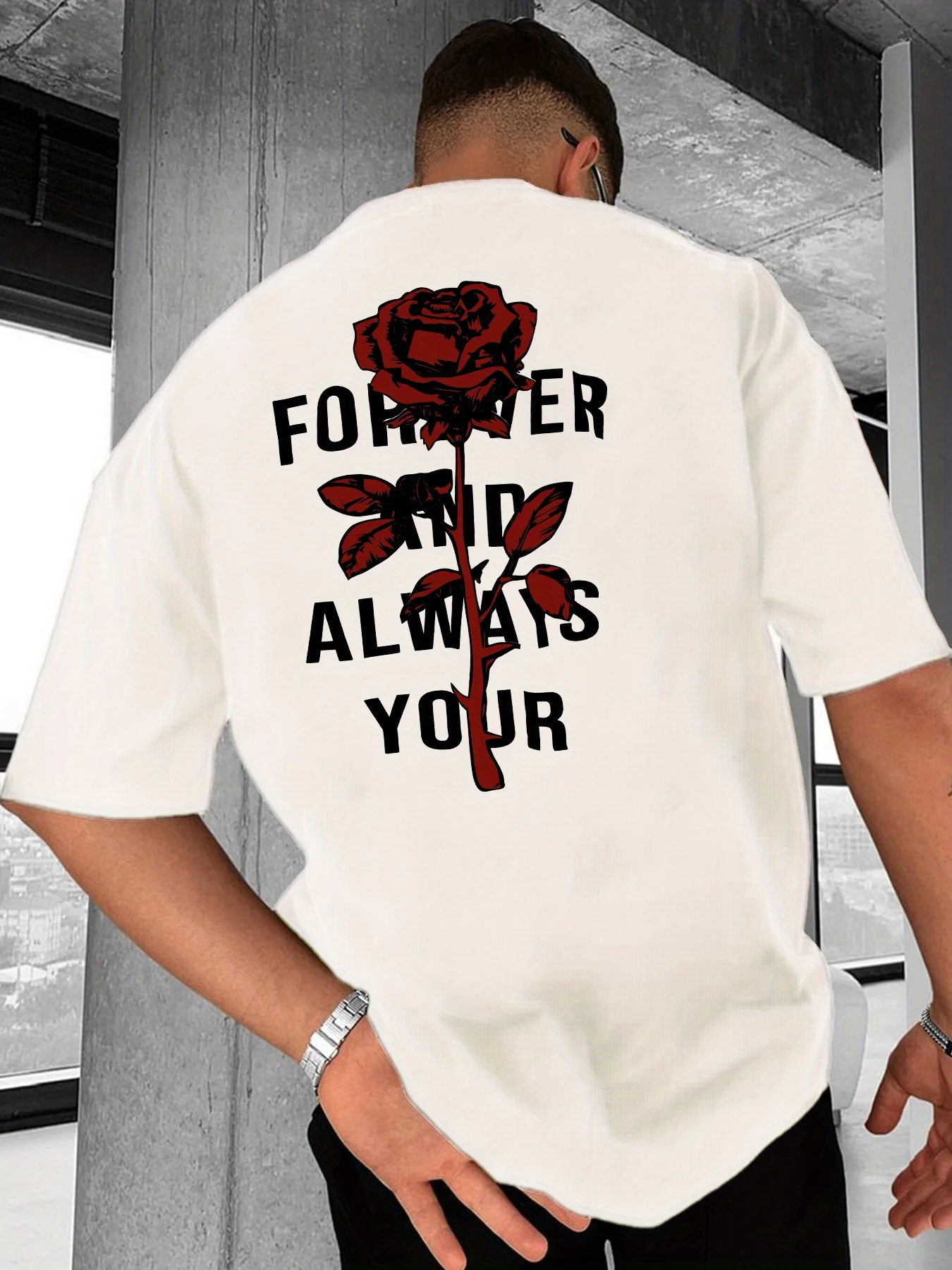 

Men's summer 100% pure cotton fashionable casual sports loose rose pattern printed round neck short sleeved T-shirt top