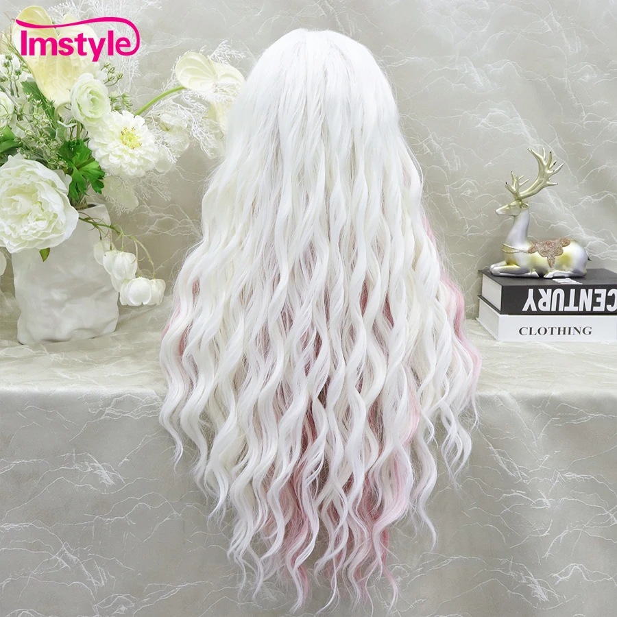 Imstyle White Wig Pink Highlight Synthetic Lace Front Wig Deep Wave Long Wigs For Women Heat Resistant Fiber Cosplay Wig