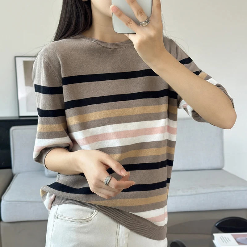 

Летняя женская футболка из 100% хлопка с короткими рукавами, круглым вырезом, в полоску, повседневный женский пуловер, базовый топ.