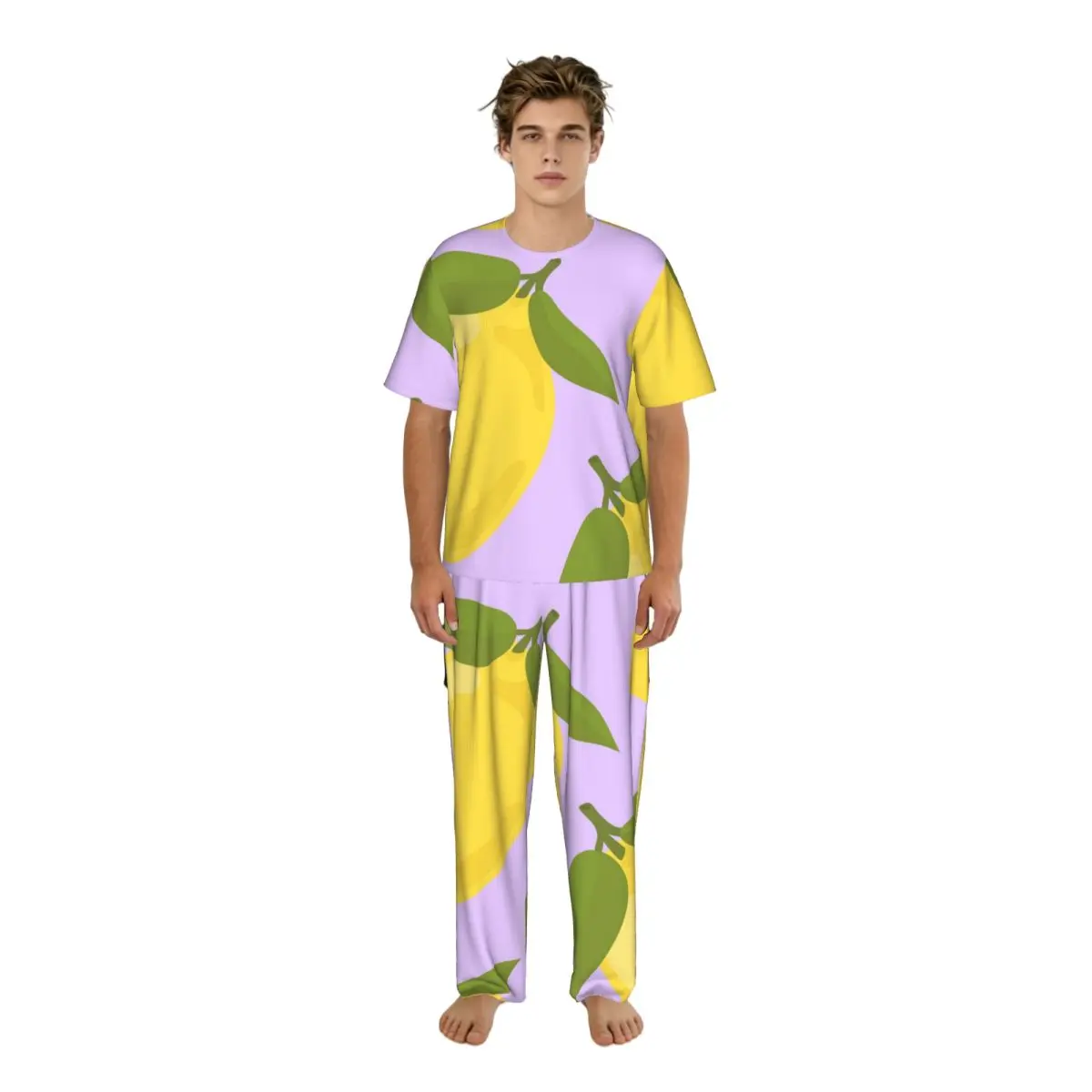 Men Pajamas Set Hand Drawn Lemon Short Sleeve Spring Summer Lounge Sleepwear Male Nightwear