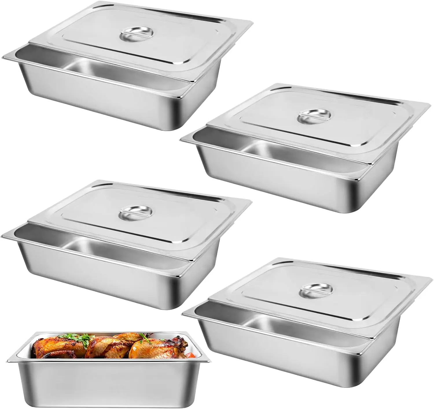 

6" Deep Full Size Steam Table Pan with Lid, 4-Pack Stainless Steel Food Pan for Commercial Buffet