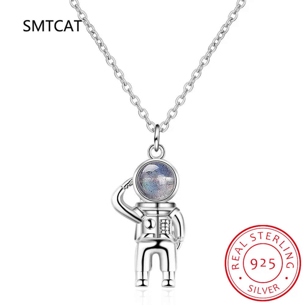 925 Sterling Silver Star Picking Astronaut Pendant Necklace Skateboard Neck Chain for Women Fine Jewelry BSN284