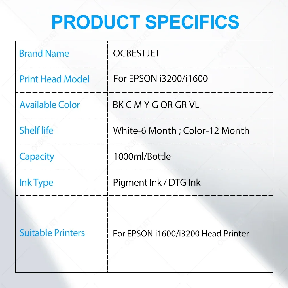 1000ML/Bottle DTG Ink Textile InK For Epson I3200 I1600 DX5 DX6 DX7 TX800 XP600 Printhead F2000 F2100 R1900 R2000 Printers