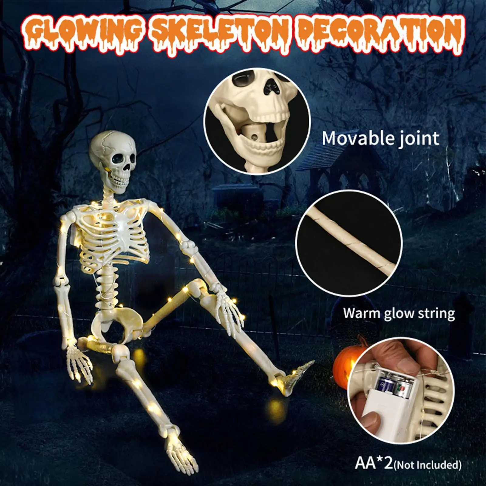 Skeletons For Halloween 90cm Realistic Horror Prop Posable With String Lights Posable Skeleton For Yard Patio Lawn Garden Indoor
