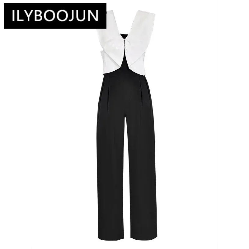 

ILYBOOJUN Summer High Quality New Arrivals Women Jumpsuits Casual Patchwork Butterfly Sleeveless Tunics Wide Leg Pants Jumpsuits