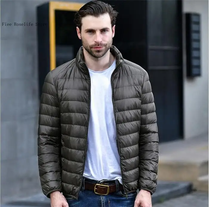 Autumn and Winter Simple Pure Color Lightweight Down Stand Collar Slim Fit Casual Short Sleeved Jacket for Men