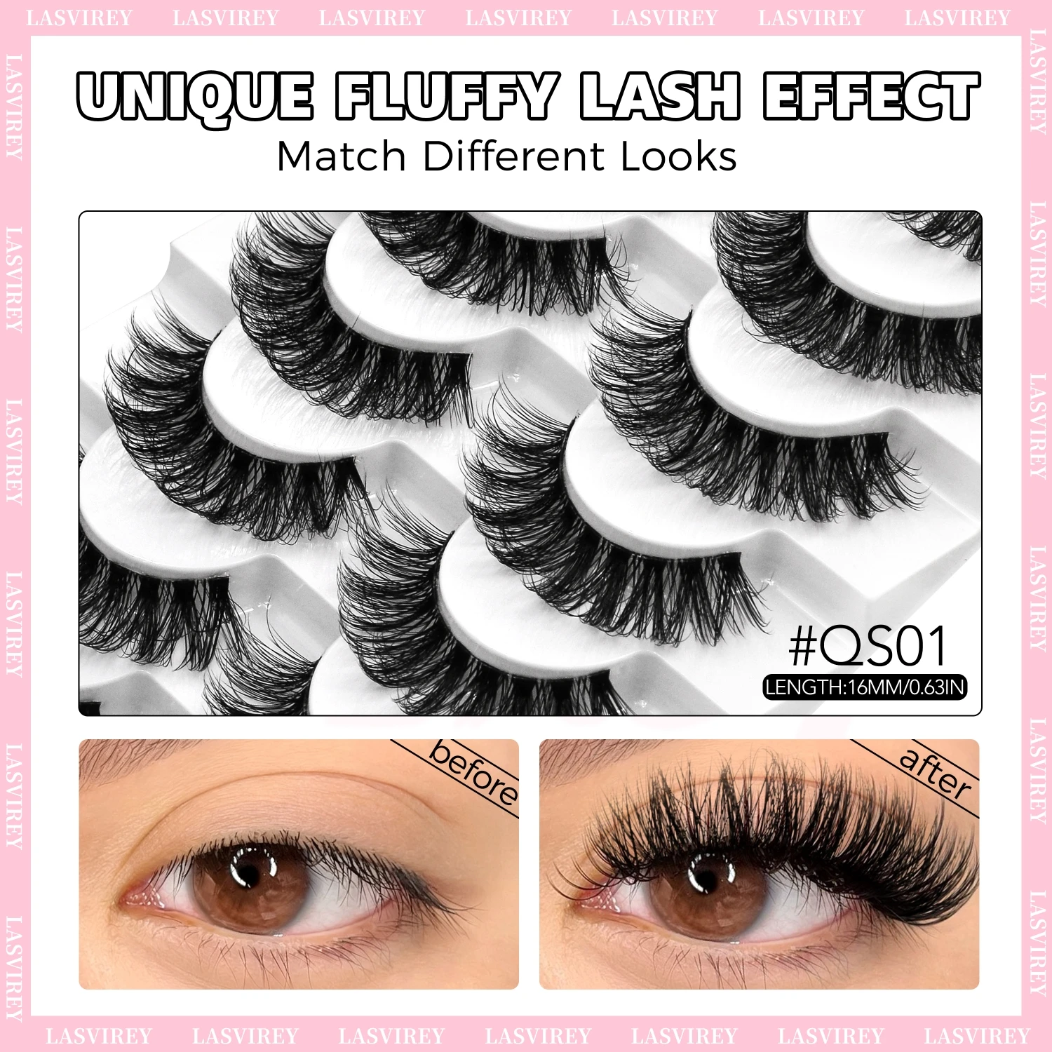 LASVIREY Pestañas postizas naturales y voluminosas, pestañas de tira gruesas y tupidas, efecto 5D, volumen dramático, imitación de visón, con banda transparente, estilo ojo de gato.
