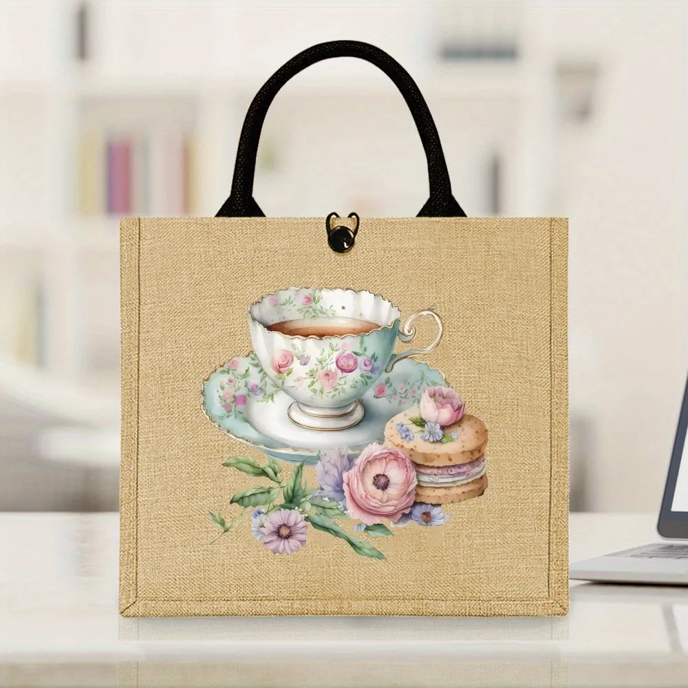 Vintage Floral Teacup Linen Tote Bag Elegant Tea Time Cookie Print Reusable Shopping Handbag Large Capacity Ladies Shoulder Gift