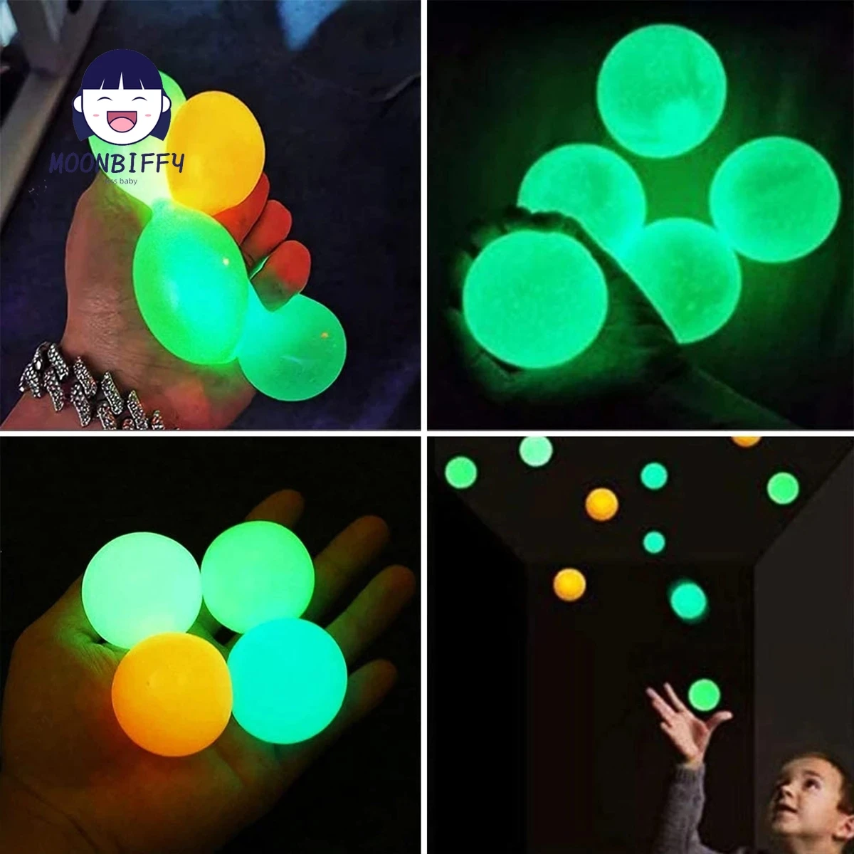 Bolas de techo que brillan en la oscuridad para niños y adultos, 4 piezas, luminosas, pegajosas, para pared, bolas blandas, juguetes para aliviar el estrés