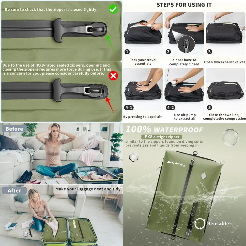 

Водонепроницаемые вакуумные компрессионные пакеты IPX8 для путешествий, многоразовые органайзеры для чемоданов с функцией экономии места и насосом (2 шт.)