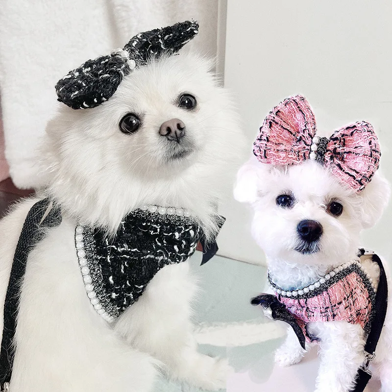 

Cute Bow Decoration Pet Chest Harness Fashion Contrast Color Stitching Small Fragrance Style Luxury Dog Harness and Leash Set