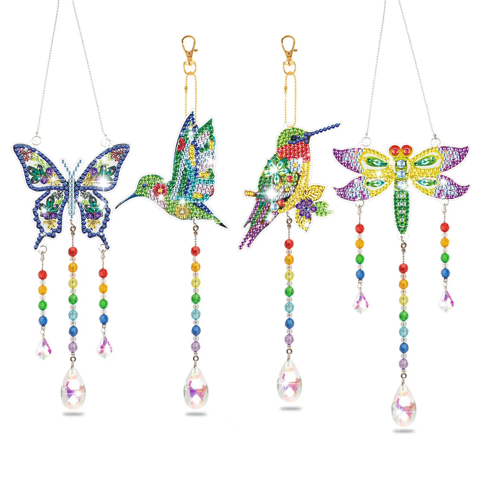 4Pcs Diamond Painting Wind Chime Keychain Hummingbird Dragonfly Butterfly Rhinestone Suncatcher Art Pendant Garden Hanging Decor