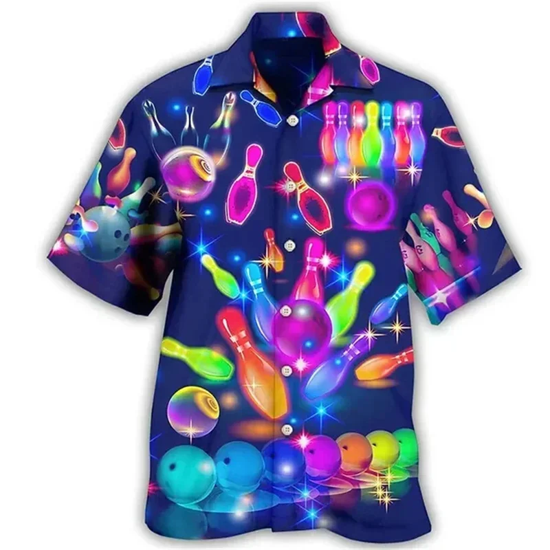 Kaus gambar Hawai Bowling warna-warni kaus bercetak kancing Lapel lengan pendek tren mode blus ukuran besar kasual musim panas