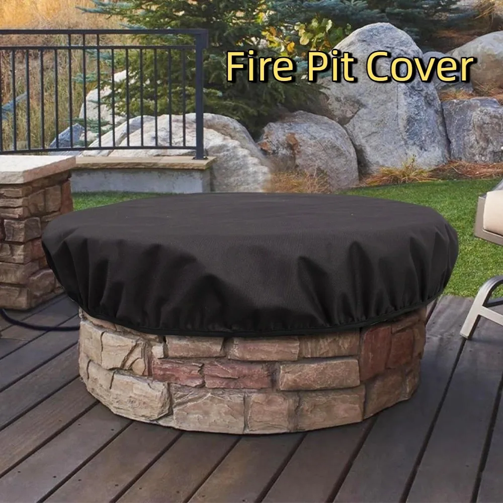 600D Oxford Fire Pit Cover Waterproof Elastic Hem Protective Cover Weather Resistant Black Outdoor Fireplace Cover