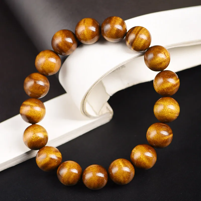 Chinese Style Golden Silk Phoebe Wood Water Ripple Beaded Bracelet Unisex Single Strand Good Luck Blessing Wealth Attracting Pra