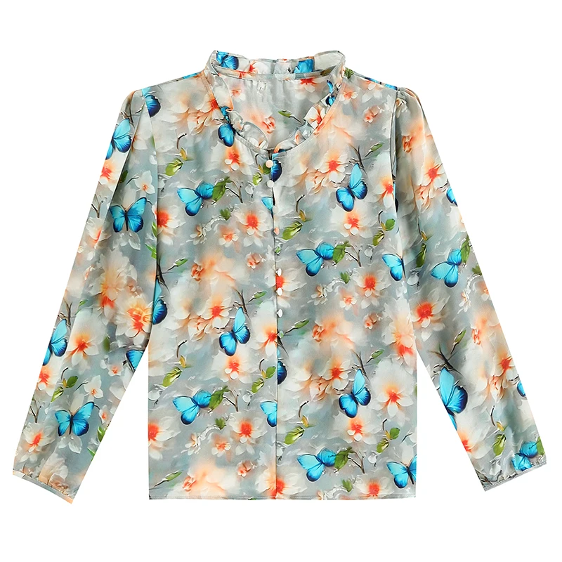 Elegant Fashion Silk Chiffon shirt 2024 Autumn Floral Printed Tops Ruffles Collar Long Sleeve Pullovers Blouse