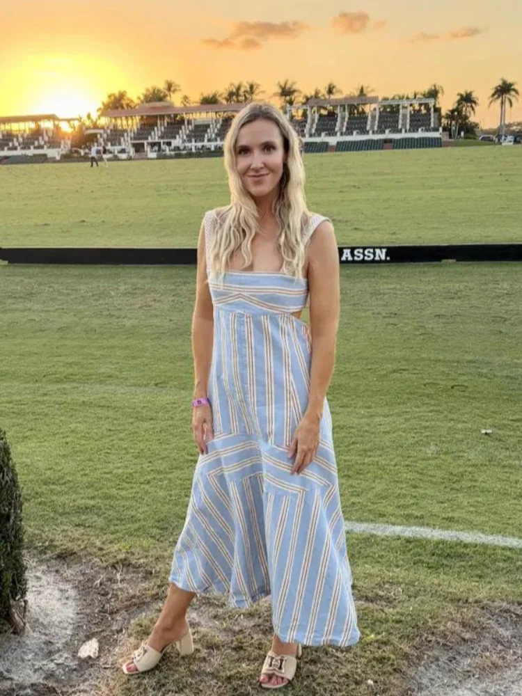 

Simple Stripes Women's Maxi Dress Square Neck Adjustable Strap Long Vestidos A-Line Vacation Dresses 026 NEW Summer Lady Dresses