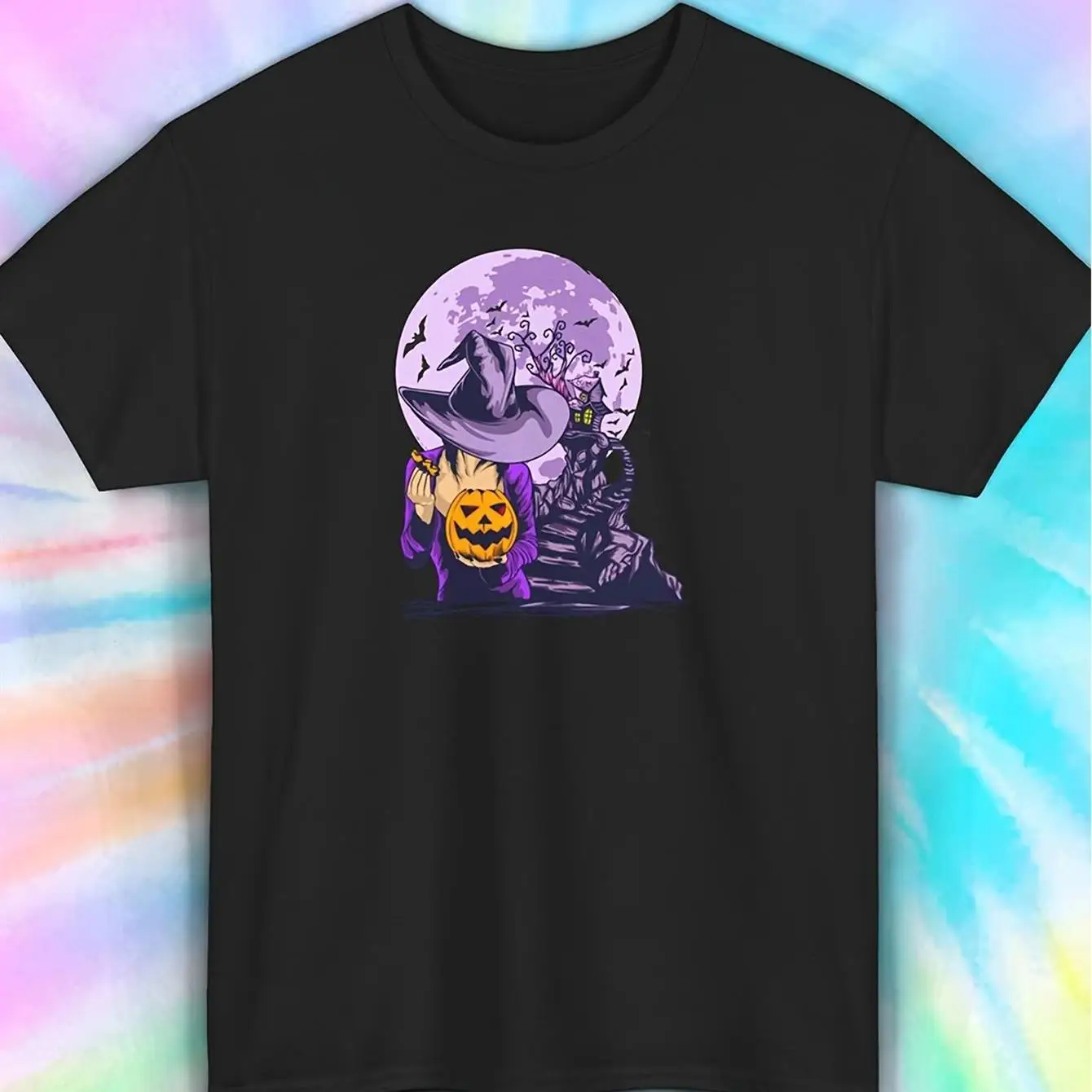 

Мужская винтажная готическая футболка на Хэллоуин — жуткая ведьма, дом с привидениями, летучие мыши, светящийся фонарь Джека и полная графика — мягкая смесь