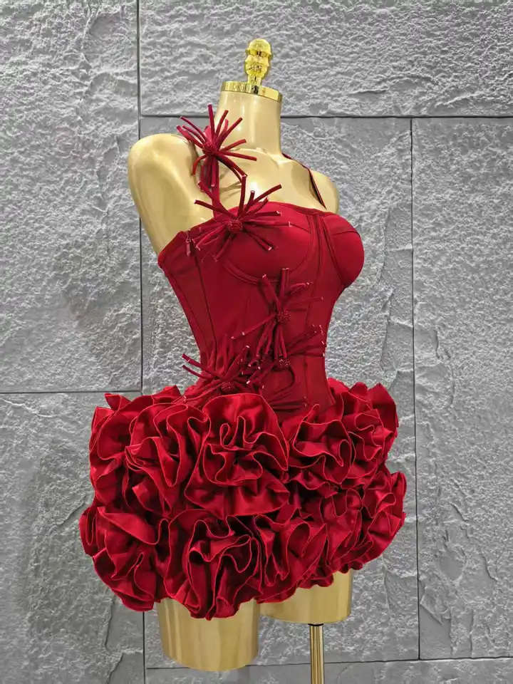Vestido rojo de mujer sexy con halter, estampado floral, 2 piezas, bodycon mini, para fiesta nocturna, club y cumpleaños 4