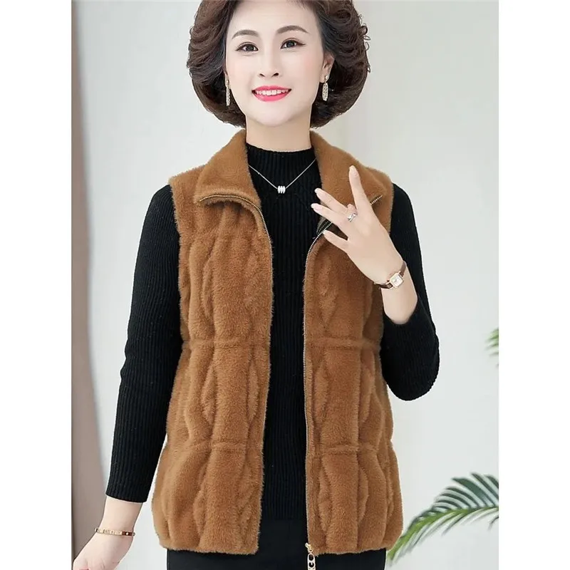 Middle-Aged Elderly Woolen Women\'s Coat Resemble Mink Cashmere Vest Fashion Spring Autumn Waistcoat Grandma\'s Keep Warm Jacket