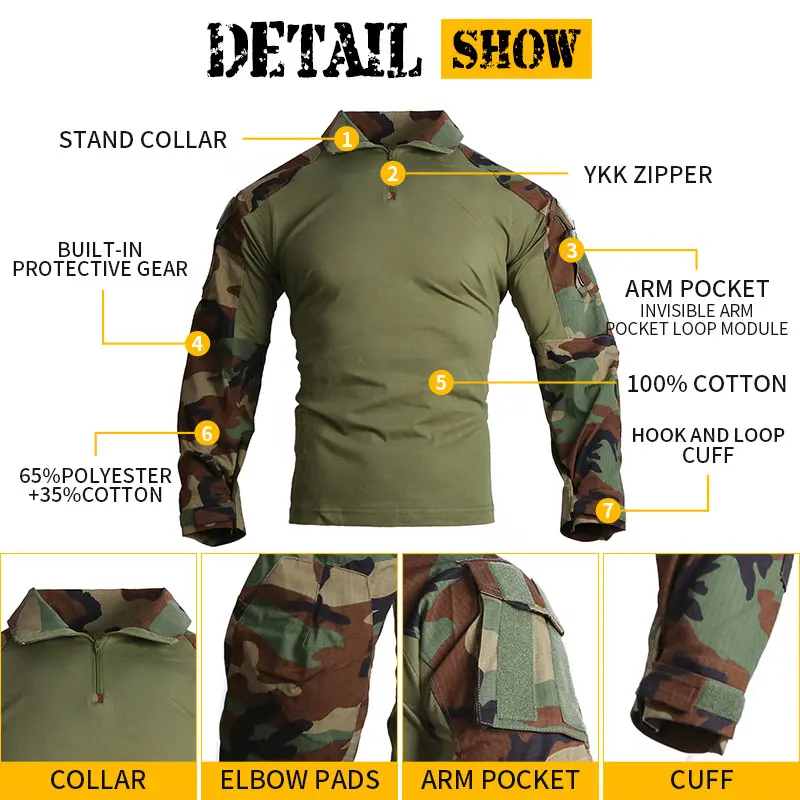 Emersongear E3 Kampfshirts Herren Oberteile Tarnmuster T-Shirt Langarm Sport Jagd Outdoor Wandern Training MCBK – Detail 8