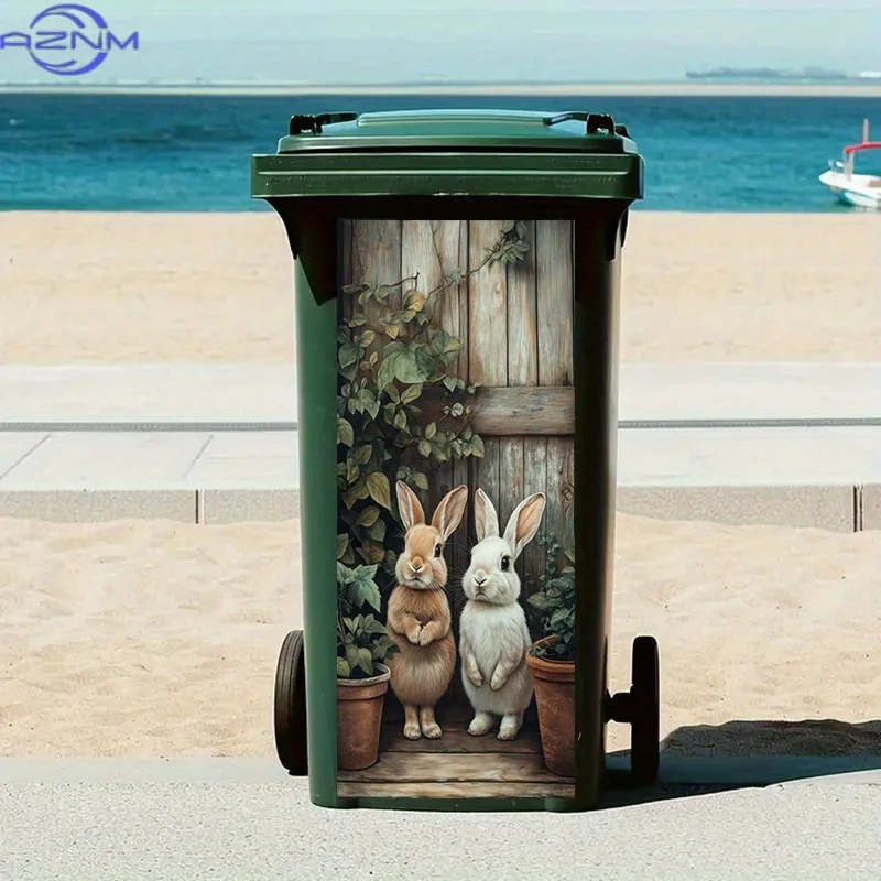 One-Piece 2D Flat Stickers for Trash Cans, Showcasing Two Rabbits Sitting to Potted Plants. These Peel-And-Stick Luxury Decals