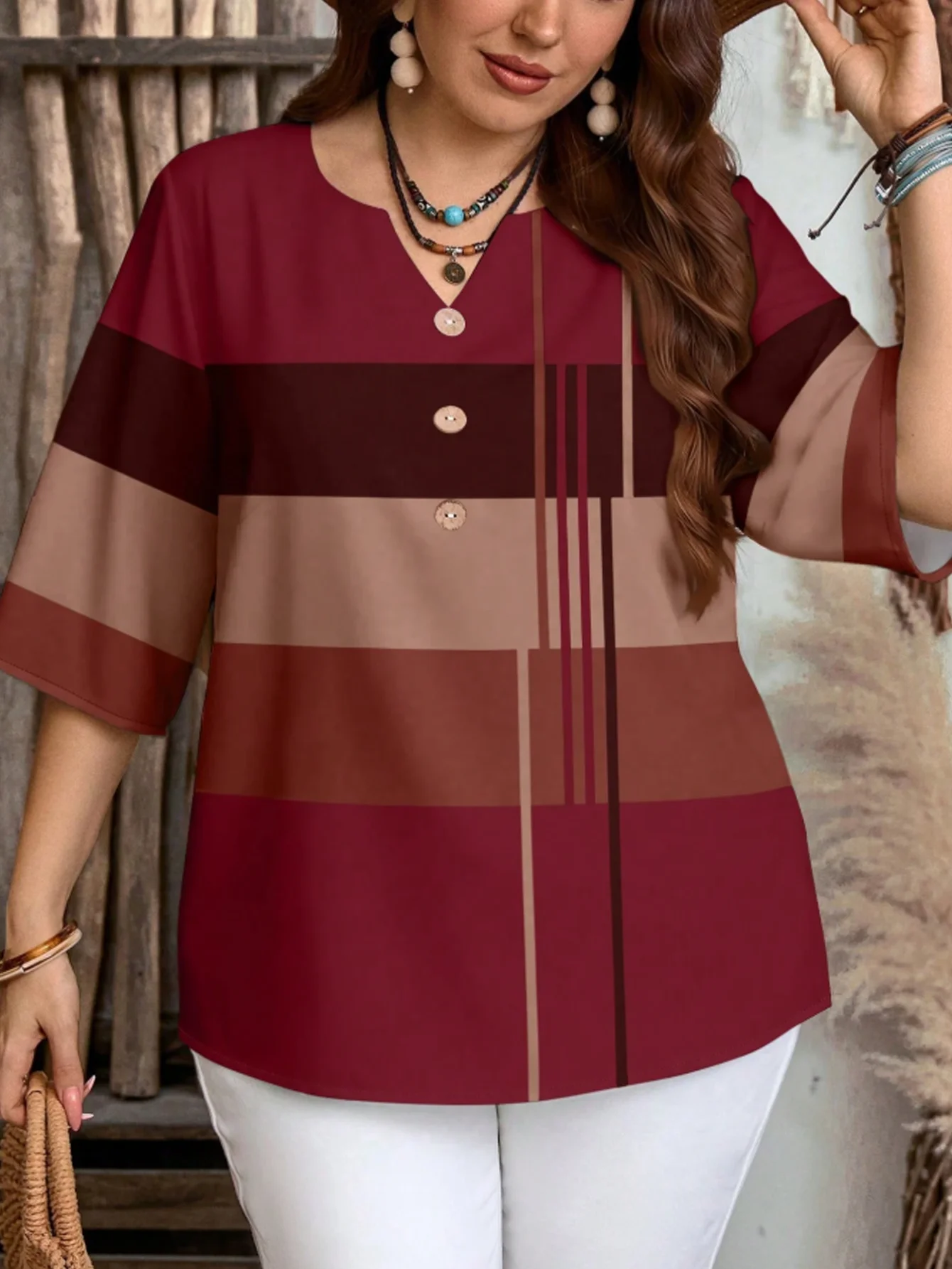 Plus-Size Damen Color-Block Minimalistisches Casual Kurzarm-Shirt Gestreiftes Halbarm-Oberteil Geeignet für Sommer und Herbst – Detail 3