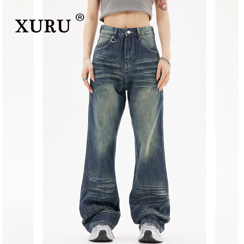 XURU-Washed High Street Women's Jeans, Vibe Style, Retro Drape, Straight Leg Pants, American Trendy Brand, N12- N3735