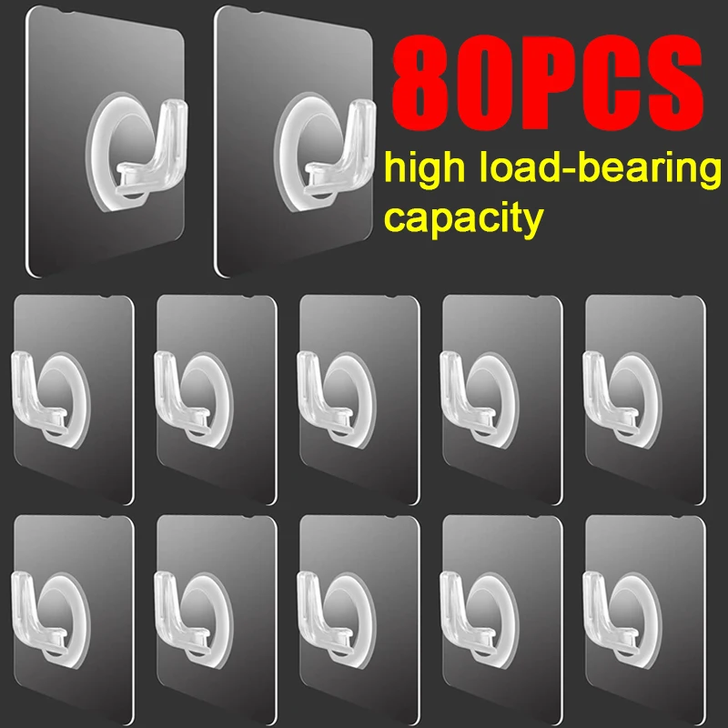 80PCS Transparent Wall-mounted Hooks Self-adhesive Door and Wall Hooks Hooks Heavy Duty Rack Kitchen Bathroom Organizer