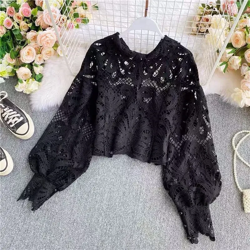 French Palace Style Lace Flower Women Shirt Hollow Out Blouses Women Temperament Fashion Lantern Sleeve Blusas Femininas