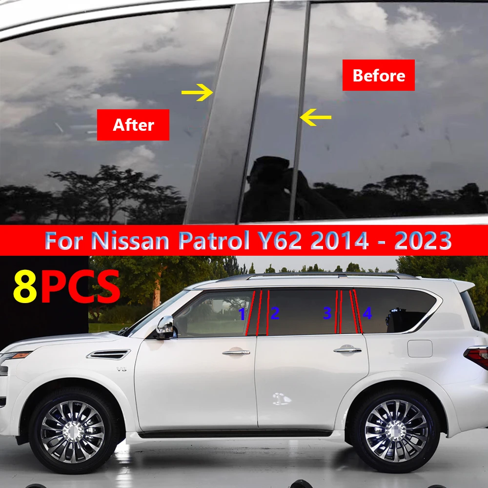 8Pcs Polished Pillar Posts Fit For Nissan Patrol Y62 2014-2023 Window Trim Cover BC Column Sticker ccessories