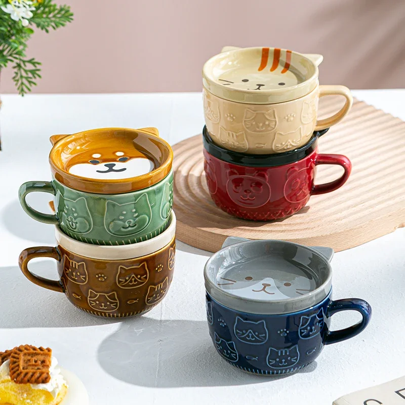 250ML Japanese Shiba Inu Ceramic Coffee Cup Saucer Cartoon Animal Breakfast Milk Cup Embossed Coffee Cup Afternoon Tea Supplies