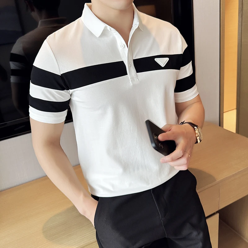 Business Casual Solid Color Men\'s Polo Shirt Summer Classic Men Short Sleeve V-neck T-shirt Slim Fit Spliced Polo 4XL-M