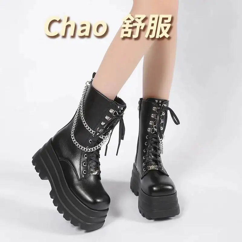 8 سنتيمتر الأحذية سميكة سوليد المرأة أحذية بوت قصيرة فاسق Y2K الأحذية تأثيري الارتفاع زيادة الأحذية الدانتيل يصل الأحذية TGCF تأثيري الأحذية #4