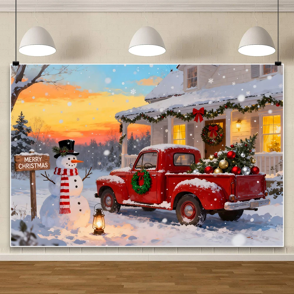 Yeele Christmas Photography Background Winter Snow Red Truck Reindeer Pull Santa's Gifts Outdoor Decoration Shooting Backdrop