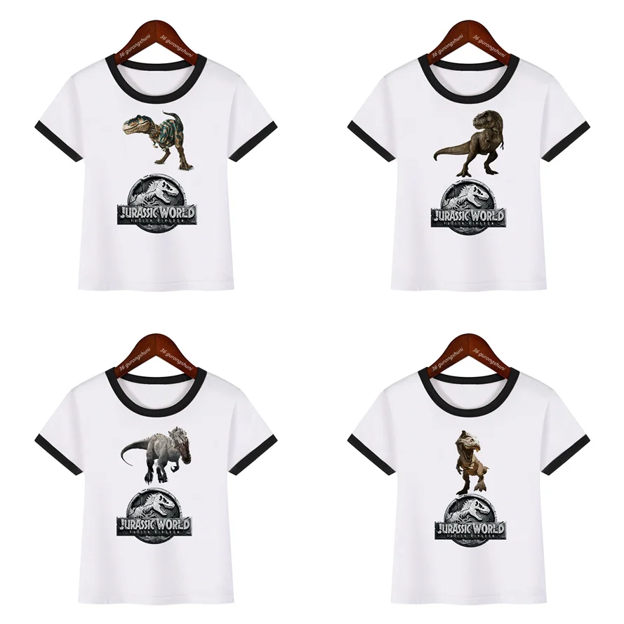 2024 świat jurajski t-shirt z Logo dinozaura nadruk kreskówkowy tyranozaura Rex dla chłopców dziewczyny prezent dla dzieci ubrania czarna strona topy
