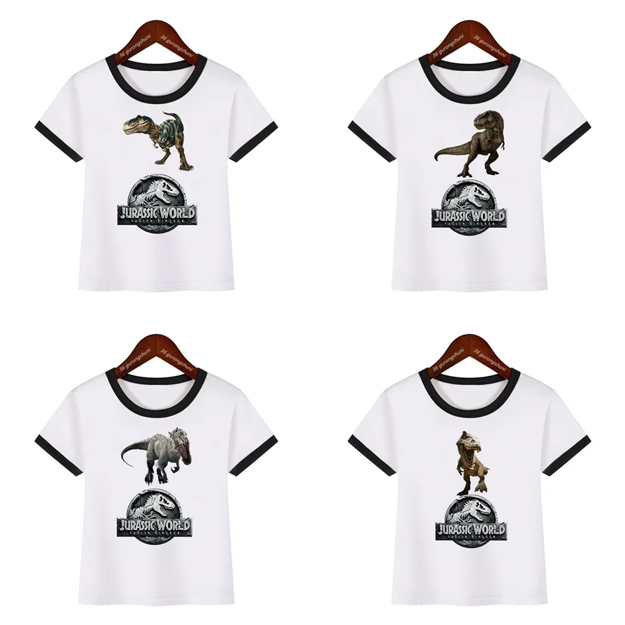 2024 Jura- Világ Logó Póló Dinoszaurusz Gúnyrajz nyomtatás Tyrannosaurus rex tshirt fiúknak lányok Adomány gyerekeknek ruhák Sztrájktörő Pöffeszkedés tops