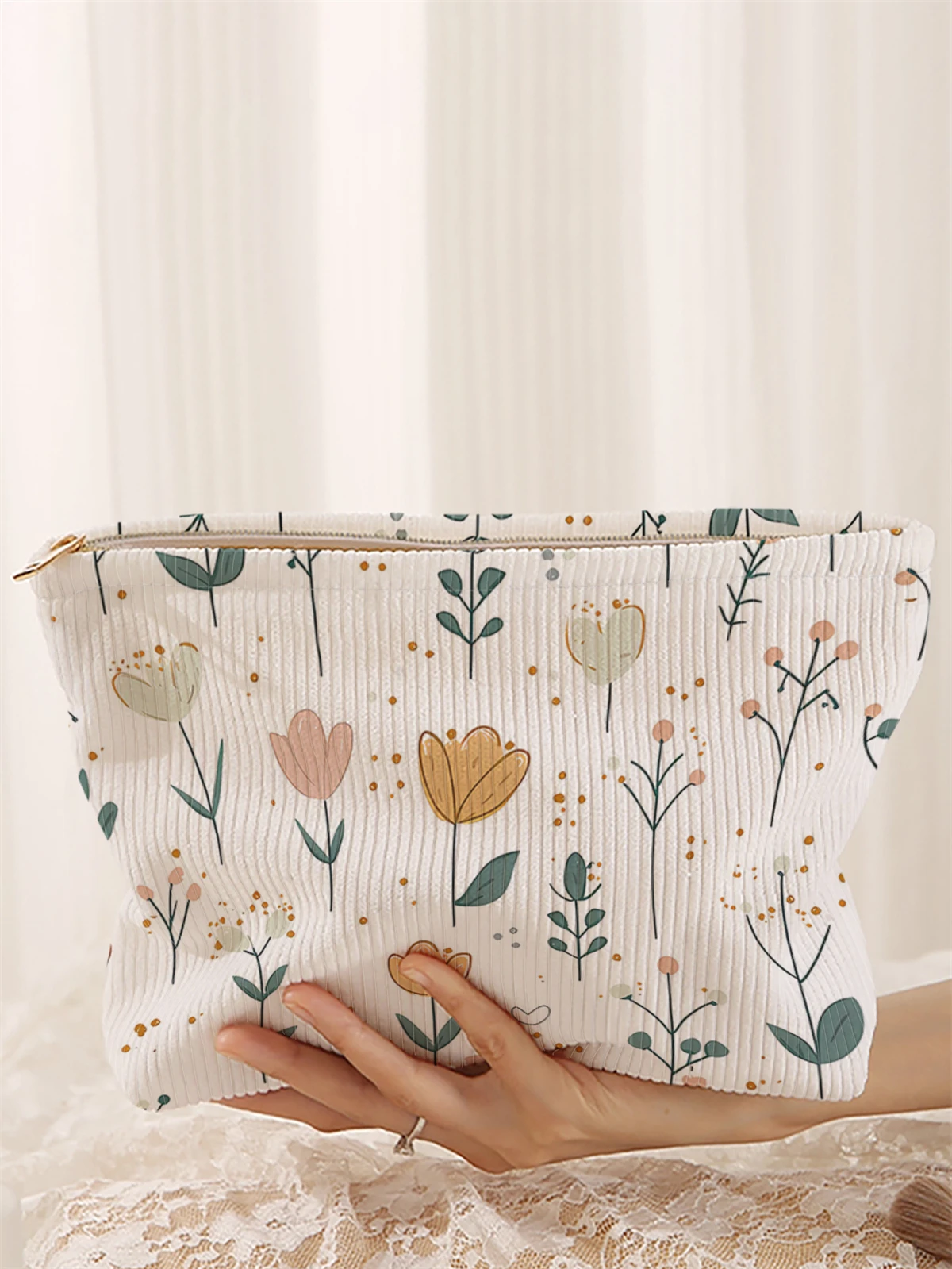 กระเป๋าแต่งหน้าผ้าลูกฟูกพิมพ์ลายดอกไม้ 1 ชิ้น, กล่องเก็บเครื่องสำอางแบบมีซิปน้ำหนักเบา, กระเป๋าอเนกประสงค์พร้อมซับใน